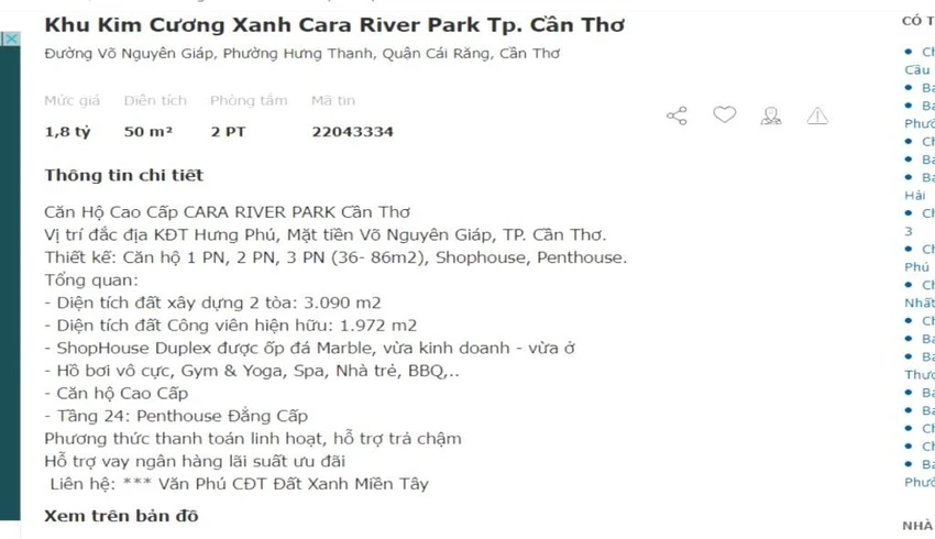 Theo Sở Xây dựng TP Cần Thơ, những thông tin được nêu trong các quảng cáo là không đúng sự thật, chưa có cơ sở pháp lý (như diện tích căn hộ, các tiện ích...). Ảnh chụp màn hình. Theo Sở Xây dựng TP Cần Thơ, những thông tin được nêu trong các quảng cáo là không đúng sự thật, chưa có cơ sở pháp lý (như diện tích căn hộ, các tiện ích...). Ảnh chụp màn hình.
