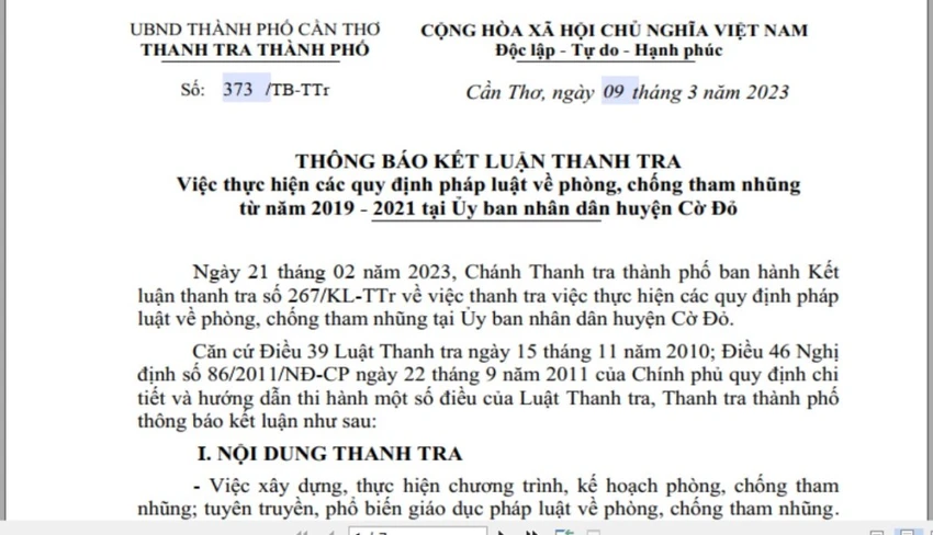 Thông báo kết luận thanh tra việc thực hiện các quy định pháp luật về phòng, chống tham nhũng từ năm 2019-2021 tại UBND huyện Cờ Đỏ. Thông báo kết luận thanh tra việc thực hiện các quy định pháp luật về phòng, chống tham nhũng từ năm 2019-2021 tại UBND huyện Cờ Đỏ.