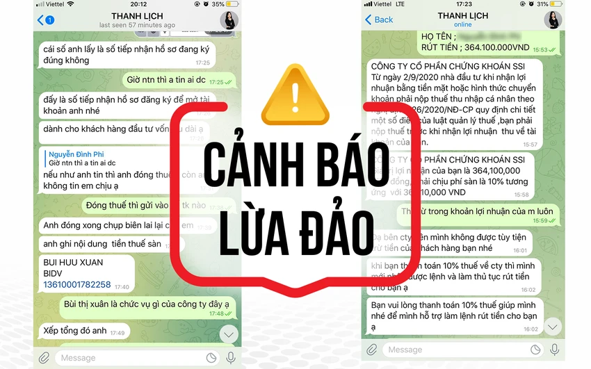 Đoạn chat của đối tượng giả mạo nhân viên SSI yêu cầu nhà đầu tư trả tiền thuế thu nhập cá nhân, phí sàn để rút tiền đầu tư Đoạn chat của đối tượng giả mạo nhân viên SSI yêu cầu nhà đầu tư trả tiền thuế thu nhập cá nhân, phí sàn để rút tiền đầu tư