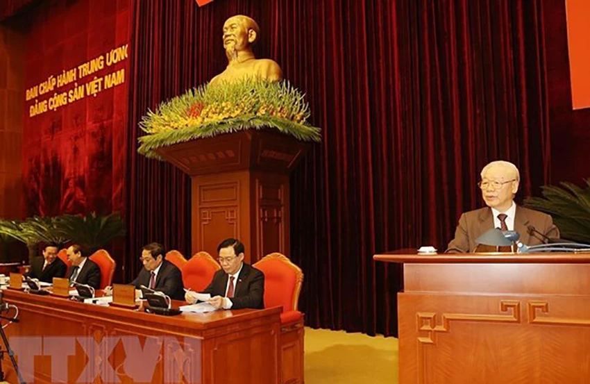Tổng Bí thư Nguyễn Phú Trọng phát biểu kết luận hội nghị. (Ảnh: Trí Dũng/TTXVN)