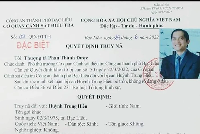 Lệnh truy nã của Công an TP Bạc Liêu Lệnh truy nã của Công an TP Bạc Liêu