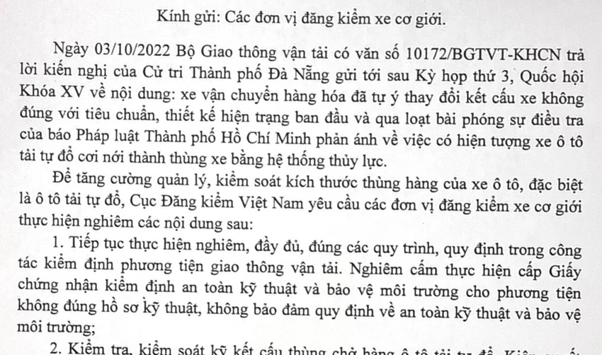 Văn bản chỉ đạo của Cục Đăng kiểm Việt Nam
