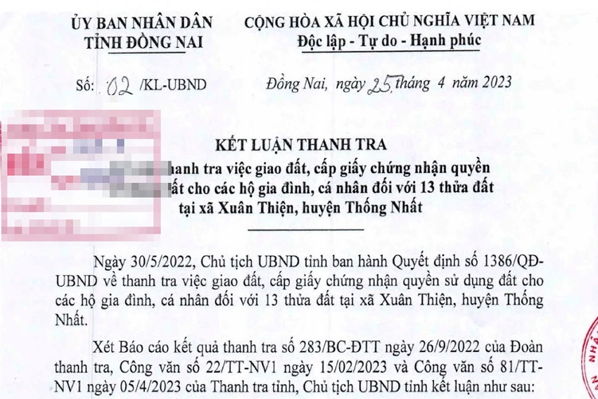 Chủ tịch UBND tỉnh Đồng Nai vừa ký quyết định ban hành Kết luận Thanh tra. Ảnh: VH Chủ tịch UBND tỉnh Đồng Nai vừa ký quyết định ban hành Kết luận Thanh tra. Ảnh: VH