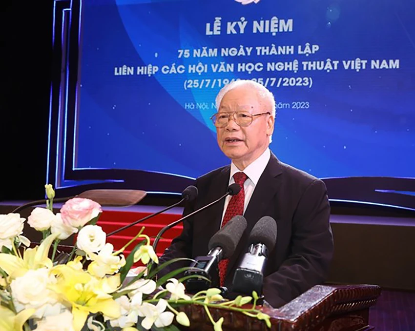 Tổng Bí thư Nguyễn Phú Trọng phát biểu tại lễ kỷ niệm. (Ảnh: Trí Dũng/TTXVN) Tổng Bí thư Nguyễn Phú Trọng phát biểu tại lễ kỷ niệm. (Ảnh: Trí Dũng/TTXVN)
