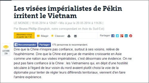 Bài báo trên tờ Le Monde của Pháp (Ảnh chụp màn hình) Bài báo trên tờ Le Monde của Pháp (Ảnh chụp màn hình)