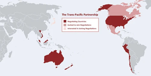 Tiến trình đàm phán TPP diễn ra không mấy thuận lợi do sự khác biệt giữa các nước liên quan và mâu thuẫn nội bộ chính trị Mỹ. Đồ họa:TPPInfo newTPP-map-cropped-8419-1400646807.jpg