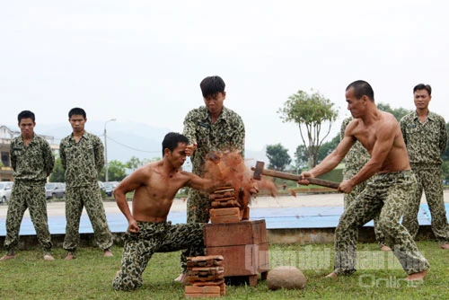 Mãn nhãn xem bộ đội Đặc công trình diễn võ thuật ảnh 9 ...và cánh tay kê gạch, hứng búa tạ.