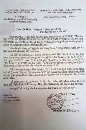 Công văn của Phòng GD-ĐT TP Châu Đốc. Nguồn: Motthegioi giao vien