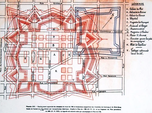 Màu đỏ là thành Bát quái xâynăm 1790, bị vua Minh Mạng phá đi năm 1835. Màu xanh là thành Phụng, xây năm 1836bị quân Pháp san bằng hơn 20 năm sau đó. Màu đen là các con đường của Sài Gònsau này với tên đường trong thời Pháp thuộc.Ảnh tư liệu so-phan-2-thanh-co-bao-ve-sai-gon-xua-2