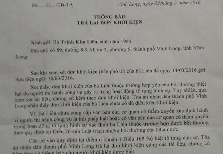 Tòa trả lại đơn yêu cầu bồi thường gần 4 tỉ đồng ảnh 1 Tòa trả lại đơn yêu cầu bồi thường gần 4 tỉ đồng ảnh 1
