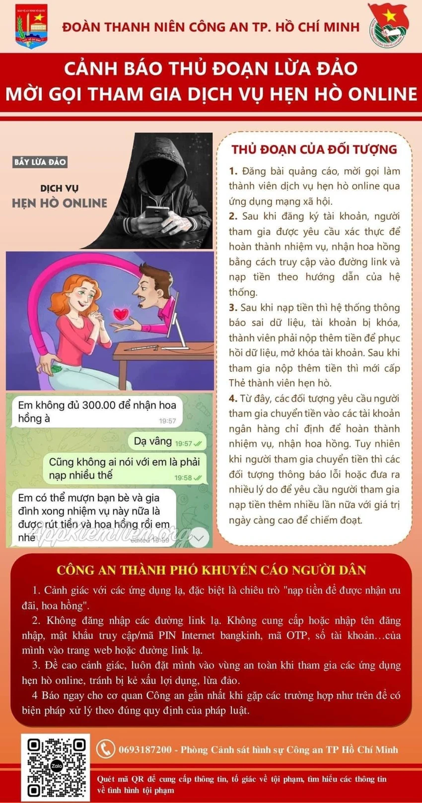 Đoàn Thanh niên Công an TP.HCM đã có cảnh báo để người dân cảnh giác với thủ đoạn mời gọi tham gia dịch vụ hẹn hò online. Ảnh: Đoàn Thanh niên Công an TP.HCM