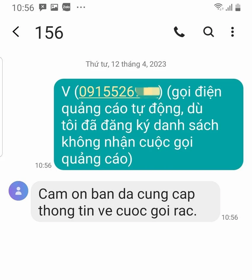 Tin nhắn báo cuộc gọi rác đã được tác giả gửi đến tổng đài 156. Ảnh: KD Tin nhắn báo cuộc gọi rác đã được tác giả gửi đến tổng đài 156. Ảnh: KD
