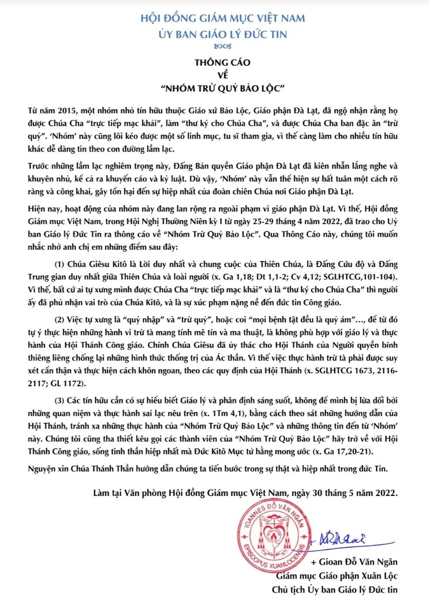 Hội đồng Giám mục Việt Nam kêu gọi tín hữu tránh xa nhóm "Trừ quỷ Bảo Lộc". Hội đồng Giám mục Việt Nam kêu gọi tín hữu tránh xa nhóm "Trừ quỷ Bảo Lộc".