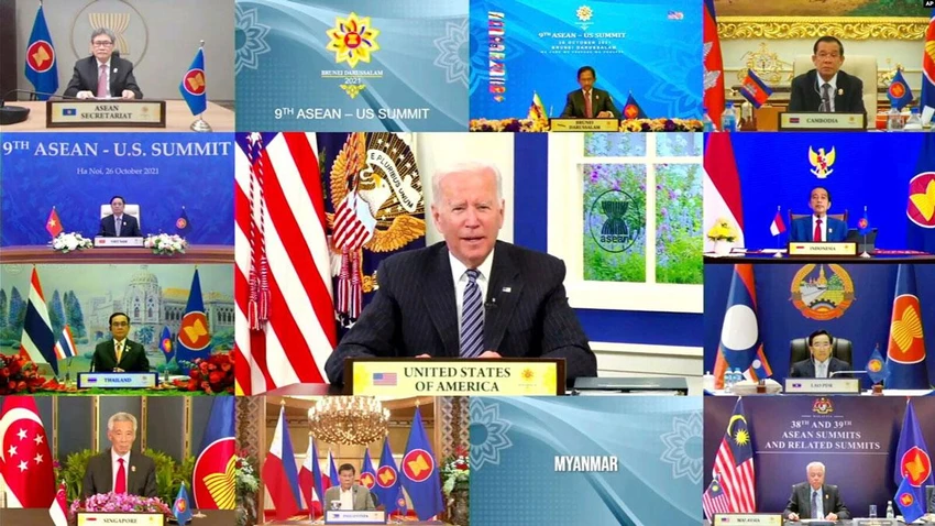 Tổng thống Mỹ Joe Biden phát biểu tại hội nghị thượng đỉnh ASEAN - Mỹ được tổ chức trực tuyến ngày 26-10-2021. Ảnh: AP Tổng thống Mỹ Joe Biden phát biểu tại hội nghị thượng đỉnh ASEAN - Mỹ được tổ chức trực tuyến ngày 26-10-2021. Ảnh: AP