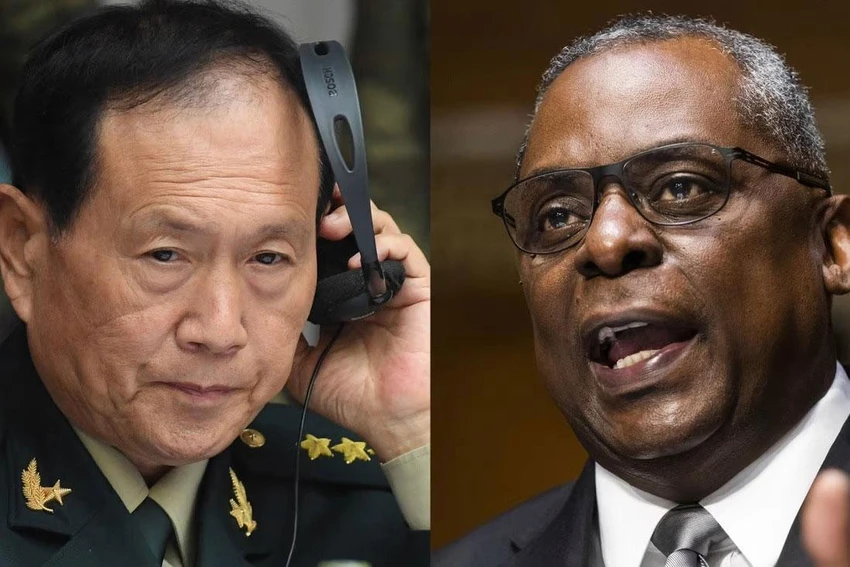 Bộ trưởng Quốc phòng Trung Quốc Ngụy Phượng Hòa (trái) và người đồng cấp Mỹ Lloyd Austin. Ảnh: AP Bộ trưởng Quốc phòng Trung Quốc Ngụy Phượng Hòa (trái) và người đồng cấp Mỹ Lloyd Austin. Ảnh: AP