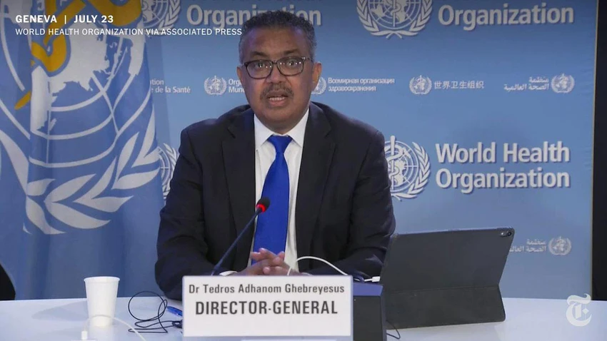Tổng giám đốc WHO Tedros Adhanom Ghebreyesus trong cuộc họp báo ngày 23-7. Ảnh: WHO