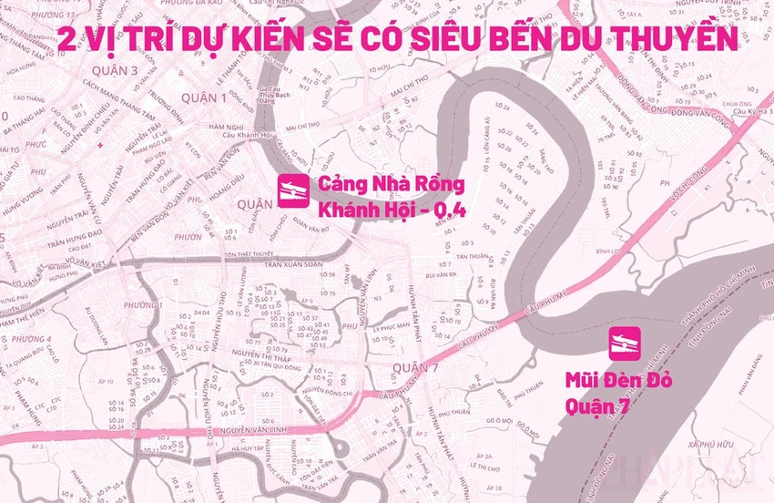 Vị trí dự kiến sẽ có hai bến du thuyền tầm cỡ ở TP.HCM. Đồ họa: THÙY TRANG Vị trí dự kiến sẽ có hai bến du thuyền tầm cỡ ở TP.HCM. Đồ họa: THÙY TRANG