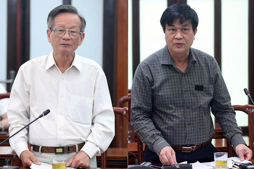 Ông Lê Truyền, Ủy viên Đoàn Chủ tịch Ủy ban Trung ương MTTQ Việt Nam (trái) và luật sư Đỗ Ngọc Thịnh, Chủ tịch Liên đoàn Luật sư Việt Nam, phát biểu tại hội nghị. Ảnh: MTTQVN