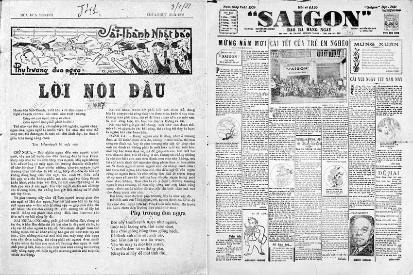 Ảnh trái: Số 1 phụ trương đua ngựa của Sài thành nhật báo ra ngày 23-11-1930. Ảnh: Thư viện Quốc gia Việt Nam Ảnh phải: Sài Gòn số xuân Giáp Tuất 1934. Ảnh: Tư liệu của Đình Ba