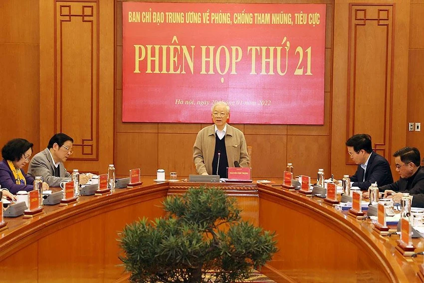 Tổng bí thư Nguyễn Phú Trọng phát biểu tại phiên họp thứ 21 của Ban chỉ đạo Trung ương về phòng chống tham nhũng, tiêu cực vào hôm 20-1. Ảnh: TTXVN Tổng bí thư Nguyễn Phú Trọng phát biểu tại phiên họp thứ 21 của Ban chỉ đạo Trung ương về phòng chống tham nhũng, tiêu cực vào hôm 20-1. Ảnh: TTXVN