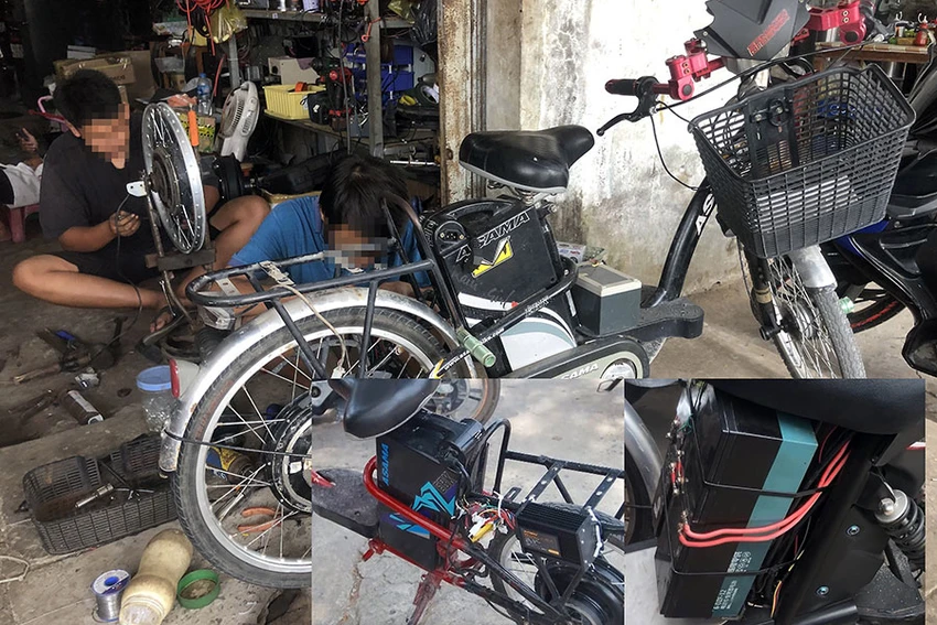 Lò độ xe và cận cảnh các xe đạp điện đã được độ chế. Lò độ xe và cận cảnh các xe đạp điện đã được độ chế.