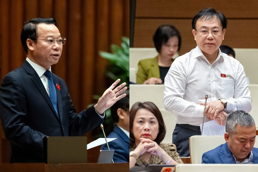 Bộ trưởng Bộ TN&MT Đỗ Đức Duy (trái) và đại biểu Nguyễn Công Long (đoàn Đồng Nai) tại phiên thảo luận thí điểm dự án nhà ở thương mại. Ảnh: PHẠM THẮNG