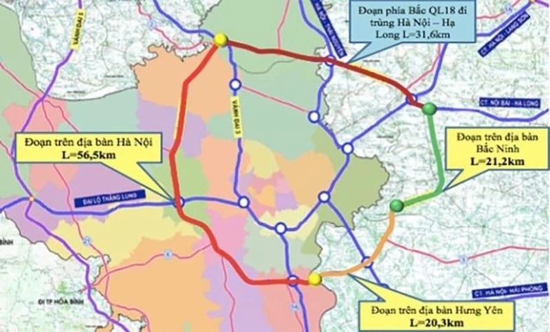 Đường vành đai 4 - Vùng Thủ đô có tổng chiều dài 112,8km, qua địa phận 3 tỉnh, thành phố: Hà Nội (dài khoảng 58,2km), Hưng Yên (dài khoảng 19,3km), Bắc Ninh (dài khoảng 25,6km) và tuyến nối khoảng 9,7km. Đường vành đai 4 - Vùng Thủ đô có tổng chiều dài 112,8km, qua địa phận 3 tỉnh, thành phố: Hà Nội (dài khoảng 58,2km), Hưng Yên (dài khoảng 19,3km), Bắc Ninh (dài khoảng 25,6km) và tuyến nối khoảng 9,7km.