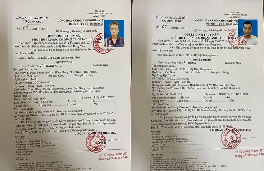 Công an truy nã nhóm nghi phạm trốn khỏi nơi giam giữ. Ảnh: CA Công an truy nã nhóm nghi phạm trốn khỏi nơi giam giữ. Ảnh: CA