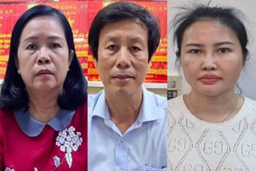 Ba bị can Bùi Thị Lệ Phi, Cao Minh Chu, Hoàng Thị Thúy Nga (từ trái qua). Ảnh: CACC Ba bị can Bùi Thị Lệ Phi, Cao Minh Chu, Hoàng Thị Thúy Nga (từ trái qua). Ảnh: CACC