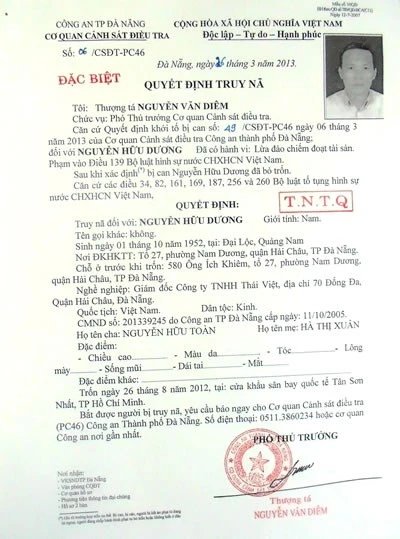 Lệnh truy nã quốc tế với Dương. Lệnh truy nã quốc tế với Dương.
