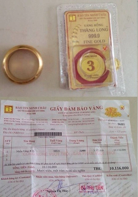 Nhẫn vàng và giấy bảo đảm vàng gây tranh cãi của chị Giang Nhẫn vàng và giấy bảo đảm vàng gây tranh cãi của chị Giang