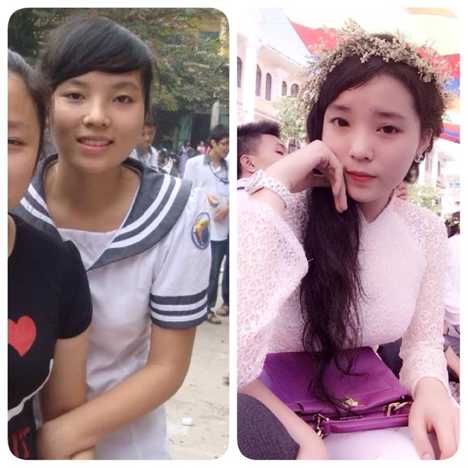 Trước khi thi đỗ vào trường Đại học Ngoại thương, Kỳ Duyên từng là một hot girl nổi tiếng của lớp chuyên Pháp, trường chuyên Lê Hồng Phong và đạt được nhiều thành tích trong học tập. Tuy nhiên, theo Kỳ Duyên chia sẻ, hồi năm lớp 10 cô khá béo, cân nặng lên đến 70kg. Sau đó, trong ba tháng hè năm lớp 11, cô lao vào ăn kiêng, tập gym và giảm được 14kg. Trong ảnh là Kỳ Duyên năm lớp 10 (ảnh trái) và lớp 12. Ảnh đời thường từ quê mùa đến hot girl của hoa hậu Kỳ Duyên