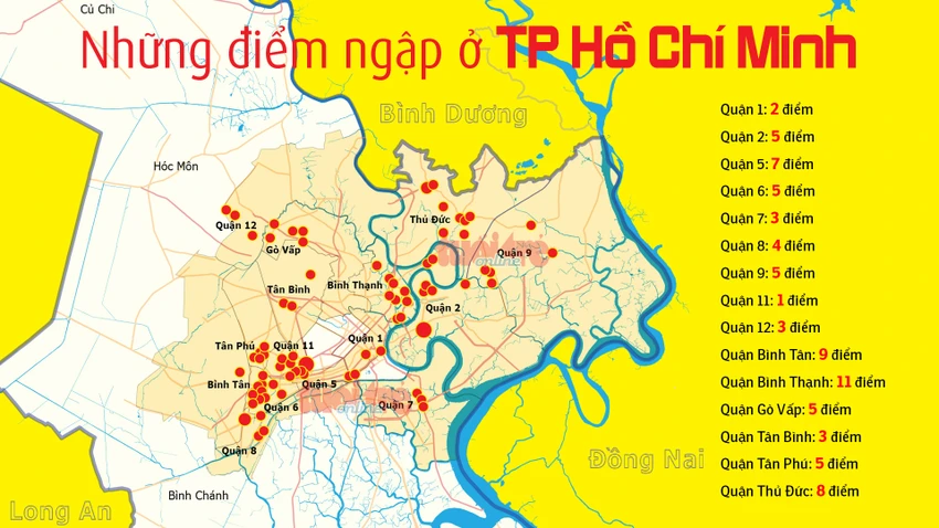 Bản đồ 66 điểm ngập ngoài đường phố ở TP.HCM - Đồ họa: Việt Anh Bản đồ 66 điểm ngập ngoài đường phố ở TP.HCM - Đồ họa: Việt Anh