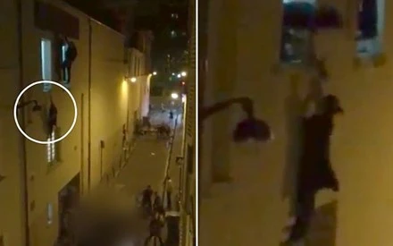 Bà bầu đu người trên cửa sổ nhà hát trốn kẻ khủng bố Paris ảnh 1 Hình ảnh bà bầu liều mình đu người ở cửa sổ để tránh những tay súng và người đàn ông dũng cảm giúp cô. Ảnh: Telegraph