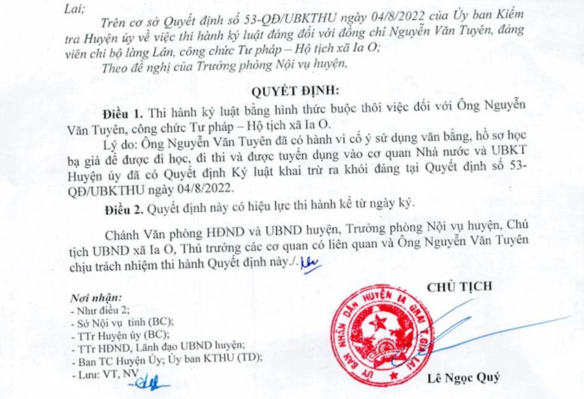 Quyết định buộc thôi việc đối với ông Nguyễn Văn Tuyên. Ảnh: LK Quyết định buộc thôi việc đối với ông Nguyễn Văn Tuyên. Ảnh: LK