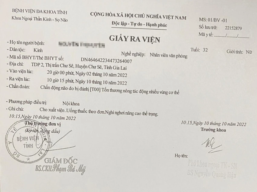 Giấy ra viện của bà H. Ảnh: NVCC Giấy ra viện của bà H. Ảnh: NVCC