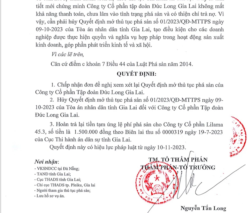 TAND Cấp cao tại Đà Nẵng hủy quyết định mở thủ tục phá sản