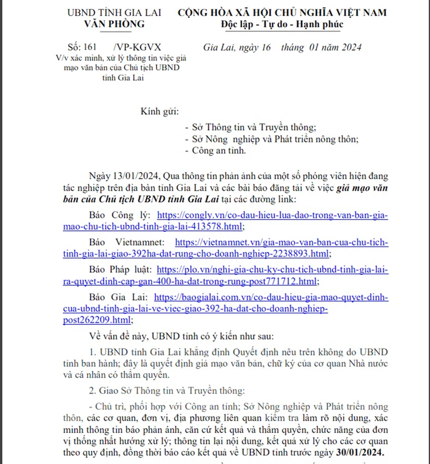 Giả mạo qiuyết định của UBND tỉnh Gia Lai