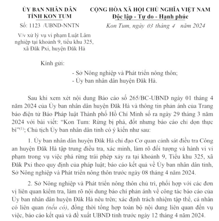 UBND tỉnh Kon Tum chỉ đạo làm rõ UBND huyện Đăk Hà báo cáo phá rừng không đúng thực tế