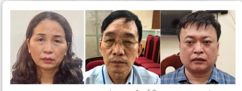 Các bị can Vũ Liên Oanh, Ngô Vui và Hà Huy Long (từ trái qua phải). Các bị can Vũ Liên Oanh, Ngô Vui và Hà Huy Long (từ trái qua phải).