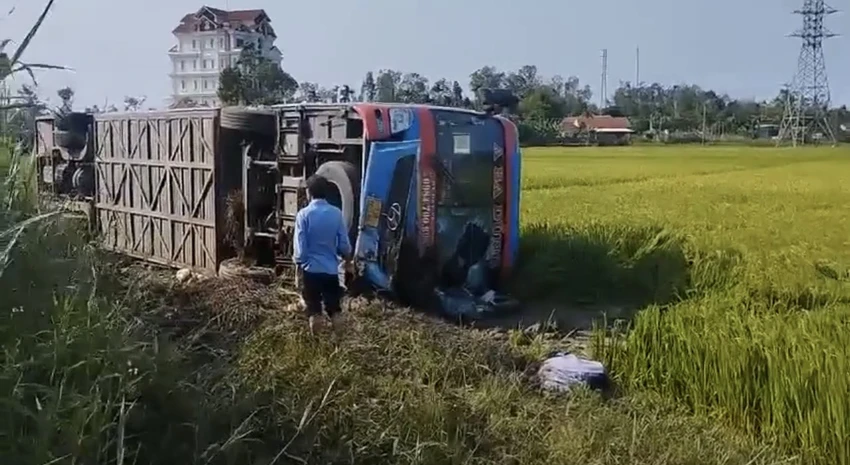 Xe khách lao xuống ruộng. Ảnh: CTV Xe khách lao xuống ruộng. Ảnh: CTV
