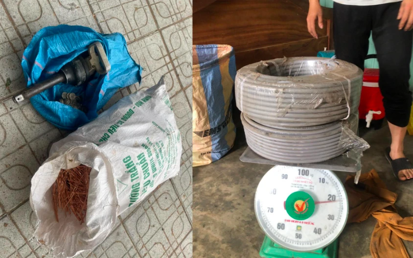 Công an thu giữ tang vật vụ trộm tại điểm thu mua phế liệu ở xã Tam Phú. Ảnh: CA