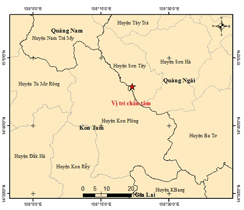 Bản đồ tâm chấn động đất. Ảnh: Viện vật lý địa cầu.