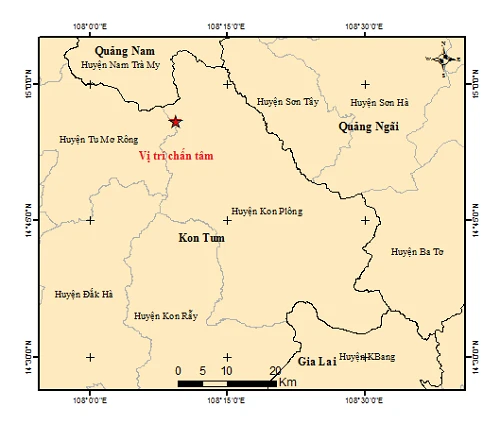 Bản đồ chấn tâm trận động đất xảy ra tại huyện Kon Plông. Ảnh: http://igp-vast.vn/