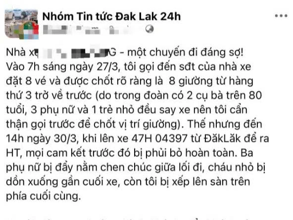 Bài viết phản ánh bức xúc của hành khách trên mạng xã hội. Ảnh chụp màn hình xe khách 0.jpg