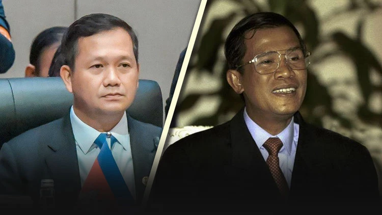 Ông Hun Manet (trái) và ông Hun Sen (phải). Ảnh: KHMER TIMES Ông Hun Manet (trái) và ông Hun Sen (phải). Ảnh: KHMER TIMES