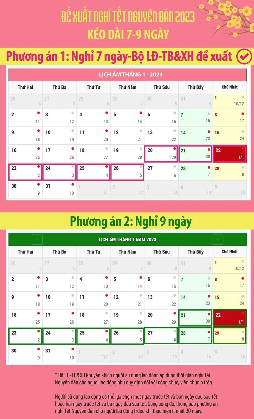 Hai phương án nghỉ Tết Nguyên đán được Bộ LĐ-TB&amp;XH lấy ý kiến các bộ, ngành.