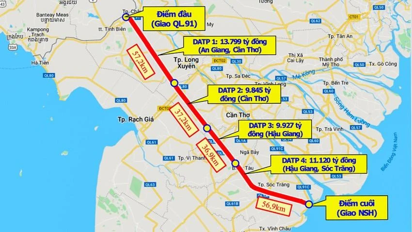 Hướng đi của tuyến cao tốc Châu Đốc - Cần Thơ - Sóc Trăng. Ảnh: PLO.VN Hướng đi của tuyến cao tốc Châu Đốc - Cần Thơ - Sóc Trăng. Ảnh: PLO.VN