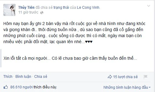 Dòng chia sẻ của Thủy Tiên thu hút hàng chục nghìn lượt bấm yêu thích. Thủy Tiên muốn khóc theo Công Vinh sau thất bại của tuyển VN