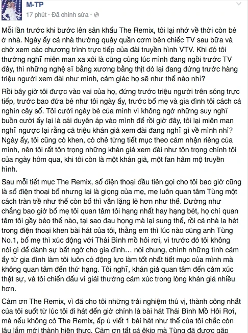 Sơn Tùng M-TP viết tâm thư xin rút khỏi cuộc thi "The Remix" ảnh 3 Sơn Tùng M-TP viết tâm thư xin rút khỏi cuộc thi "The Remix" ảnh 3